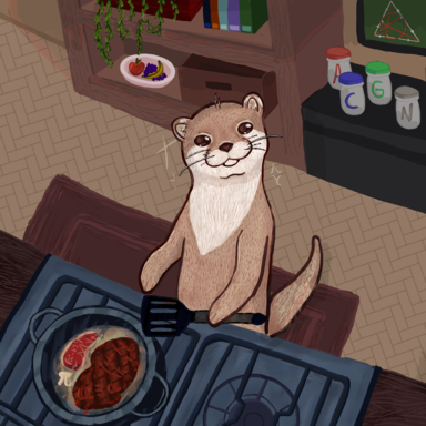 An otter in front of a blackboard cooking a dish.