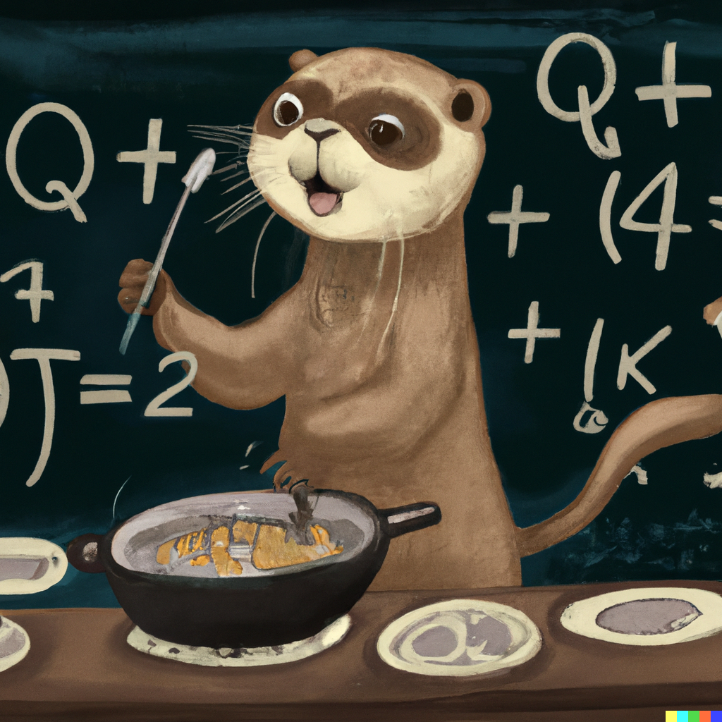 An otter in front of a blackboard cooking a dish.